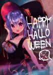  :d arm_up bangs bare_arms bare_shoulders beniko_(ymdbnk) black_hat black_shirt blush bow breasts cleavage collarbone commentary_request eyebrows_visible_through_hair hair_between_eyes hair_bun hair_intakes happy_halloween hat hat_bow head_tilt highres long_hair looking_at_viewer looking_to_the_side medium_breasts open_mouth orange_bow original pleated_skirt ponytail purple_hair red_eyes round_teeth shirt side_bun sidelocks skirt sleeveless sleeveless_shirt smile solo striped striped_bow teeth upper_teeth vertical-striped_skirt vertical_stripes very_long_hair witch_hat 