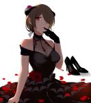  absurdres babyzhugg bare_shoulders between_breasts black_choker black_dress black_footwear black_gloves breasts brown_hair choker cleavage dress earrings finger_to_mouth flower frilled_dress frills gloves hair_over_one_eye hair_ribbon halterneck high_heels highres honkai_impact horns jewelry lace long_dress looking_at_viewer medium_breasts off-shoulder_dress off_shoulder petals red_eyes red_flower red_rose ribbon rita_rossweisse rose see-through shoes shoes_removed short_hair single_glove sitting solo 