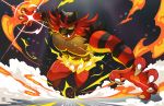  claws fire gen_7_pokemon incineroar looking_at_viewer no_humans open_mouth pokemon pokemon_(creature) pokemon_(game) pokemon_sm sei_(seiryuuden) sharp_teeth simple_background smile solo striped super_smash_bros. super_smash_bros._ultimate tail teeth yellow_sclera 