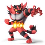  2018 3_toes 3d_(artwork) 5_fingers alpha_channel ambiguous_gender anthro barefoot black_fur claws digital_media_(artwork) feline fire fur green_eyes hi_res incineroar mammal nintendo official_art pink_nose pok&eacute;mon pok&eacute;mon_(species) red_fur sharp_claws simple_background slit_pupils solo standing super_smash_bros super_smash_bros._ultimate toes transparent_background unknown_artist video_games yellow_sclera 