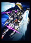  aqua_eyes atlas_gundam beam_saber commentary_request crossover energy_sword face-to-face glowing glowing_eyes green_eyes gundam gundam:_twilight_axis gundam_thunderbolt gundam_tristan highres mecha no_humans official_art science_fiction shield space star_(sky) sword thrusters weapon 