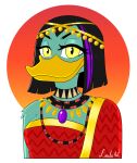 accurate anatid ancient ancient_civilization anseriform anthro avian bird breasts crown disney duck ducktales ducktales_(2017) female half-closed_eyes halloween halloween_costume headgear hi_res holidays jewelry lunula_(artist) magica_de_spell narrowed_eyes necklace royalty smile solo sumerian