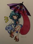  1girl blue_hair blue_skirt commentary dated furiba_794 grey_background highres holding holding_umbrella juliet_sleeves karakasa_obake long_sleeves looking_at_viewer one_eye_closed puffy_sleeves purple_umbrella red_eyes short_hair simple_background skirt solo tatara_kogasa tongue touhou umbrella 