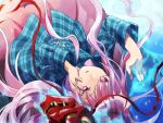  1girl aqua_shirt hata_no_kokoro highres kaigen_1025 long_hair long_sleeves looking_at_viewer mask oni_mask open_mouth pink_eyes pink_hair pink_skirt plaid plaid_shirt shirt skirt solo touhou 