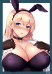  3104_(3104milkshake) animal_ears azur_lane bangs black_leotard blonde_hair blue_eyes blush breasts bunny_ears bunnysuit choker cleavage collarbone commentary_request covered_nipples cross_choker embarrassed eyebrows_visible_through_hair fake_animal_ears gloves hairband highres large_breasts leotard long_hair looking_at_viewer north_carolina_(azur_lane) open_clothes open_shirt outside_border shirt sidelocks signature solo tareme undressing upper_body white_shirt 