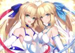  2girls ahoge aqua_eyes artoria_caster_(fate) artoria_caster_(swimsuit)_(fate) artoria_pendragon_(fate) bare_shoulders blonde_hair blush breasts cleavage closed_mouth dress elbow_gloves fate/grand_order fate_(series) gloves green_eyes hair_ribbon long_hair looking_at_viewer medium_breasts morgan_le_fay_(fate) morgan_le_fay_(water_princess)_(fate) multiple_girls neko_daruma open_mouth ponytail ribbon smile white_dress white_gloves 
