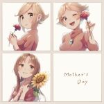  3girls blonde_hair blush brown_hair dress earrings eyelashes flower flower_request green_eyes grin highres hinawa holding holding_flower jewelry long_hair long_sleeves mother&#039;s_day mother_(game) mother_1 mother_2 mother_3 multiple_girls necklace ness&#039;s_mother ninten&#039;s_mother one_eye_closed open_mouth pink_dress ring shifumame short_hair smile wedding_ring 