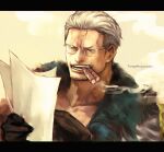  1boy artist_name black_gloves cigar commentary_request facial_hair glasses gloves highres holding holding_paper male_focus mouth_hold one_piece open_mouth paper scar short_hair smoke smoker_(one_piece) solo teeth tsuyomaru twitter_username white_hair 