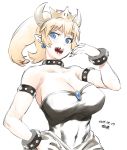  2018 5_fingers animal_humanoid armband big_breasts blonde_hair blue_eyes bowser breasts choker cleavage clothed clothing digital_media_(artwork) dress female grin hair hand_on_hip horn humanoid koopa light_skin looking_at_viewer mario_bros navel nintendo open_mouth pose scalie sharp_teeth simple_background smile solo spiked_shell super_crown teeth tsukudani_(coke-buta) video_games white_background 