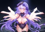  1girl :p bare_shoulders black_swan_(honkai:_star_rail) breasts cleavage covered_navel cum cum_on_hands cum_string dress foreshortening gloves hair_between_eyes highres honkai:_star_rail honkai_(series) large_breasts long_hair looking_at_viewer medium_breasts pantyhose purple_dress purple_hair purple_veil reaching reaching_towards_viewer shiro_font smile solo thighs tongue tongue_out veil very_long_hair 