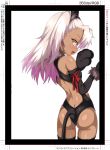  animal_ears ass back bad_id bad_twitter_id bangs bare_shoulders black_gloves black_legwear black_leotard blush breasts cat_ears cat_tail chloe_von_einzbern commentary_request dark_skin elbow_gloves eyelashes fate/kaleid_liner_prisma_illya fate_(series) fur_collar gloves hair_between_eyes highres hips leotard long_hair looking_at_viewer looking_back paw_gloves paws pink_hair red_ribbon ribbon shimejinameko simple_background small_breasts smile solo tail thighs white_background 