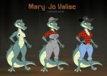 2023 alligator alligatorid anthro barefoot baseball_cap belt birchly bottomwear breasts character_name cleavage clothed clothing cowboy_hat crocodilian denim denim_bottomwear denim_clothing feet female genitals green_body green_scales hand_on_hip hat headgear headwear jeans mary-jo_valise model_sheet nipples non-mammal_breasts non-mammal_nipples nude nude_female off/on overalls pants pussy red_clothing red_shirt red_topwear reptile scales scalie shirt smile solo text topwear