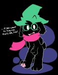  2018 anthro balls black_fur blush caprine clothed clothing cub deltarune dialogue digital_media_(artwork) eyewear fur glasses goat hat looking_at_viewer male mammal oob open_mouth penis ralsei scarf simple_background smile solo standing toony uncut video_games young 