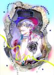  1boy blue_eyes blue_hair coat eii000x facial_hair facing_to_the_side gavis_bettel grey_hair hair_between_eyes hair_over_one_eye hat hat_ribbon highres holostars holostars_english looking_afar male_focus mixed_media multicolored_coat multicolored_hair mustache pink_hair portrait ribbon scarf solo top_hat upper_body virtual_youtuber white_scarf 