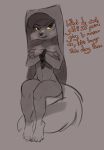  2018 anthro barefoot canine covering covering_self dialogue disney english_text feet female fox grey_background greyscale handcuffs hat hi_res maid_marian mammal monochrome navel nude open_mouth paws robin_hood_(disney) shackles simple_background siroc sitting solo text yellow_sclera 