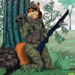  2018 anthro binoculars brown_fur camo canine female fox fur grass gun holding_object holding_weapon kneeling mammal orange_fur ranged_weapon shotgun solo thetarget traditional_media_(artwork) weapon 