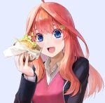  1girl :d ahoge black_jacket blazer blue_eyes blush burger commentary_request food go-toubun_no_hanayome hair_between_eyes hair_ornament highres holding holding_food ishiyuki jacket long_hair looking_at_viewer nakano_itsuki open_mouth red_hair red_sweater revision school_uniform shirt smile solo star_(symbol) star_hair_ornament sweater upper_body white_shirt 