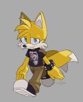 anthro blue_eyes bottomwear canid canine catragemiau clothing dipstick_tail footwear fox fur hi_res looking_at_viewer male mammal markings metallica miles_prower pants sega shirt shoes signature simple_background solo sonic_the_hedgehog_(series) tail tail_markings topwear white_body white_fur yellow_body yellow_fur