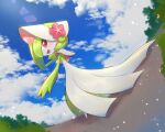  absurdres artist_name blue_sky blush cloud cloudy_sky day flower full_body gardevoir gardevoir_(fashionable) hat hat_flower highres looking_at_viewer nullma official_alternate_costume open_mouth outdoors pink_flower pokemon pokemon_(creature) pokemon_unite signature sky solo white_headwear 