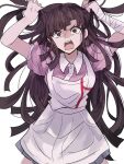  1girl angry apron bandaged_arm bandages black_hair breasts collared_shirt commentary cowboy_shot d: danganronpa_(series) danganronpa_2:_goodbye_despair grabbing_own_hair highres holding_own_hair large_breasts long_hair miniskirt mole mole_under_eye pink_shirt pleated_skirt puffy_short_sleeves puffy_sleeves ru_ma shirt short_sleeves simple_background skirt solo teeth tsumiki_mikan upper_teeth_only white_apron white_background white_shirt 