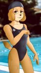  2018 5_fingers anthro biped breasts brown_fur buffbumblebee_(artist) canine clothed clothing competition_swimsuit digital_drawing_(artwork) digital_media_(artwork) dog eyebrows eyelashes female front_view fur hair hi_res lipstick looking_at_viewer makeup mammal multicolored_fur navel one-piece_swimsuit outside portrait smile solo standing swim_cap swimsuit water 