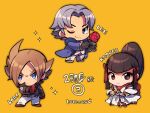  1girl 2boys black_gloves black_jacket blue_coat blue_eyes blunt_bangs brown_hair chibi closed_mouth coat eyeliner flower gloves grey_hair grey_jacket grey_pants holding holding_flower jacket japanese_clothes kotorai lars_alexandersson lee_chaolan makeup mishima_kazumi_(tekken) mole mole_under_eye multiple_boys necktie one_eye_closed orange_background pants pink_necktie red_eyeliner red_flower red_gloves red_rose rose scar scar_across_eye signature sparkle tekken translation_request white_pants 