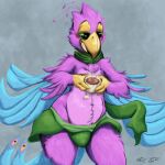 absurd_res anthro avian avian_feet beak beverage biped bird blue_body clothing feathered_crest feathered_wings feathers galliform green_eyes gyro_feather gyrotech head_crest hi_res male oselotti peafowl phasianid pink_body scarf tail_feathers tea winged_arms wings