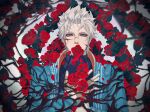  1boy bishounen blood blood_on_face blue_coat blue_eyes coat devil_may_cry_(series) devil_may_cry_3 fingerless_gloves flower gloves highres male_focus pale_skin red_flower red_rose rose scar scar_on_face solo user_enee5338 vergil_(devil_may_cry) white_hair 