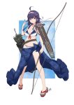  1girl ahoge arrow_(projectile) bikini blue_sarong bow_(weapon) breasts flight_deck front-tie_bikini_top front-tie_top full_body hairband highres holding holding_bow_(weapon) holding_weapon kantai_collection large_breasts long_hair low_twintails navel neve_(morris-minicooper) purple_hair quiver red_eyes rigging ryuuhou_(kancolle) sarong smile solo swimsuit taigei_(kancolle) twintails weapon white_bikini yumi_(bow) 