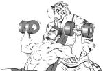anthro beard bench biceps black_hair clothed clothing dumbbell duo exercise facial_hair felid feline focused fur hair human male mammal monochrome muscular muscular_male nipples pantherine pecs shak8ng shirt shoulder_press simple_background smile striped_body striped_fur stripes tail tank_top tiger topless topless_male topwear weightlifting weights workout