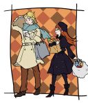  1boy 1girl alternate_costume bag black_dress black_footwear black_pantyhose blonde_hair bunet_(fire_emblem) coat dress fire_emblem fire_emblem_engage food full_body highres holding long_hair long_sleeves looking_at_another oda32t panette_(fire_emblem) pantyhose scarf shopping_bag short_hair simple_background 