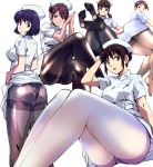  arms_up ass bangs black_legwear blue_hair breasts brown_eyes brown_hair commentary_request cropped_legs double-breasted eyebrows_visible_through_hair hat invisible_chair knee_up knees_up legs long_hair looking_at_viewer medium_breasts multiple_girls nurse nurse_cap original panties panties_under_pantyhose pantyhose purple_eyes short_hair short_sleeves simple_background sitting smile standing thick_thighs thighband_pantyhose thighs underwear white_background white_hat white_legwear yuya 