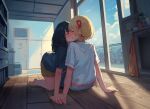  2girls barefoot black_hair blonde_hair blue_shirt blue_shorts blush brown_shorts calendar_(object) closed_eyes cloud commentary_request door hair_ribbon indoors inoue_takina kiss long_hair lycoris_recoil milktea_(gggrrr2000) multiple_girls nishikigi_chisato on_floor one_side_up plant potted_plant red_ribbon ribbon shirt short_hair shorts sidelocks sitting sky sunlight white_shirt window yuri 