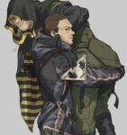  2boys ass black_cape black_gloves boots brown_hair cape carrying carrying_person couple death_stranding facial_hair gloves grey_background hamms_hamss higgs_(death_stranding) highres hood hood_down hood_up hooded_cape male_focus multiple_boys ponytail sam_porter_bridges short_hair simple_background spacesuit two-tone_cape yaoi yellow_cape 
