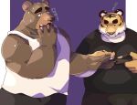 2023 anthro arufina_w bear bent_arm bottomwear brown_body brown_fur clothing duo felid fur hi_res humanoid_hands kemono male mammal musical_note nail_clipper overweight overweight_male pantherine pants shirt simple_background tiger topwear