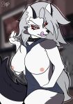 anthro big_breasts breasts canid canid_demon canine canis clothed clothing collar demon ear_piercing ear_ring female hair hellhound helluva_boss hi_res ineffective_clothing licking looking_at_viewer loona_(helluva_boss) mammal nipples piercing ring_piercing self_lick shirt soarinarts solo tongue tongue_out topwear wolf