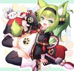  animal_ear_fluff animal_ears azur_lane bell black_kimono black_thighhighs commission dress fang folding_fan fox_ears fox_girl fox_tail green_eyes green_hair hair_bell hair_ornament hairband hand_fan highres isokaze_(azur_lane) japanese_clothes jingle_bell kimono kito_(sorahate) leaning_back long_hair looking_at_viewer open_mouth ponytail sandals short_dress sitting skeb_commission smile socks tabi tail thighhighs thighs very_long_hair white_dress white_socks 