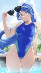  1girl absurdres alternate_costume blue_eyes blue_hair blue_one-piece_swimsuit blue_sky boku_no_hero_academia breasts cloud covered_navel day fengling_(furin-jp) hadou_nejire highres holding holding_removed_eyewear large_breasts long_hair looking_at_viewer one-piece_swimsuit outdoors partially_submerged ponytail sky solo sunglasses swimsuit unworn_eyewear 