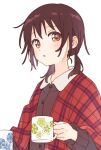  1girl :o black_shirt blue_flower blush brown_eyes brown_hair cup floral_print flower funami_yui highres holding holding_cup jacket long_sleeves looking_at_viewer low_twintails mug namori open_mouth plaid plaid_jacket red_jacket shirt short_twintails simple_background solo twintails upper_body white_background winter_clothes yellow_flower yuru_yuri 
