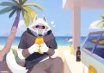 &lt;3 anthro beach blush canid canine canis death_(puss_in_boots) dreamworks eating food hi_res male mammal palm_tree plant puss_in_boots_(dreamworks) red_eyes sea seaside sky solo tree vistrou water wolf