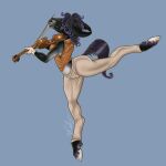 anthro black_body black_fur bowed_string_instrument calima clothing dancing equid equine female fur gloves gynja_(skuggamul) hair handwear hi_res hooves hybrid kelpie kelpie_mule leather leather_clothing long_ears mammal mule musical_instrument navel purple_eyes purple_hair raised_leg solo string_instrument violin violin_bow