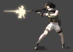  absurdres black_gloves breasts brown_eyes brown_hair fingerless_gloves firing full_body gloves grey_background gun highres knife medium_breasts medium_hair military original pouch rifle seriousman sheath sheathed shoes shorts solo standing thigh_strap weapon white_shorts wristband 
