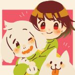 1boy 1other annoying_dog asriel_dreemurr brown_hair chara_(undertale) closed_mouth dog fangs furry furry_male green_eyes green_sweater hug looking_at_viewer no_nose one_eye_closed open_mouth red_eyes shifumame short_hair smile sweater undertale white_dog 