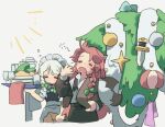  2girls alternate_costume braid christmas_tree cup drinking_glass holding holding_tray hong_meiling izayoi_sakuya maid multiple_girls newbokk office_lady open_clothes open_shirt pencil_skirt plate red_hair skirt sleepy touhou tray twin_braids white_hair wine_glass 