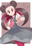  1girl absurdres artist_name brown_hair closed_mouth cowboy_shot dress eyelashes grey_dress hand_on_own_hip highres index_finger_raised looking_at_viewer pantyhose pokemon pokemon_oras red_eyes roxanne_(pokemon) short_sleeves solo twintails zent0ku 