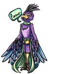absurd_res animal_noises anthro avian avian_feet beak biped bird blue_body clothing dress feathered_crest feathered_wings feathers galliform green_eyes gyro_feather head_crest hi_res male mlw_(artist) peafowl phasianid pink_body scarf tail_feathers winged_arms wings