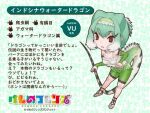  1girl bare_shoulders brown_eyes camisole character_profile chinese_water_dragon_(kemono_friends) choker copyright_name elbow_gloves gloves green_hair kemono_friends kemono_friends_3 leggings lizard_tail looking_at_viewer lowres official_art sandals short_hair shorts simple_background solo tail translation_request yoshizaki_mine 