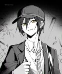  1boy artist_name bag baseball_cap brown_eyes collared_shirt danganronpa_(series) danganronpa_v3:_killing_harmony ewa_(seraphhuiyu) hair_between_eyes hat highres jacket male_focus necktie official_alternate_costume open_clothes open_jacket saihara_shuichi shirt short_hair solo spot_color striped_necktie 