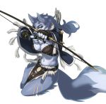  2018 5_fingers amber_eyes anthro archer arrow blue_fur bow_(weapon) bra breasts canine cervina7_(artist) cleavage clothed clothing female fingerless_gloves fur gloves hi_res holding_object holding_weapon loincloth looking_at_viewer mammal mantle melee_weapon midriff multicolored_fur navel nipple_bulge quiver ranged_weapon scabbard sheathed_weapon simple_background solo sword two_tone_fur underwear weapon white_background white_fur wolf 