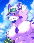 abs anthro blue_eyes blush canid canine canis clothed clothing domestic_dog embarrassed eyewear facial_markings fur hat head_markings headgear headwear hi_res lifewonders live_a_hero male mammal markings muscular muscular_anthro muscular_male nipples pecs sadayoshi sakuhuu solo sport sunglasses topless visor_cap volleyball white_body white_fur